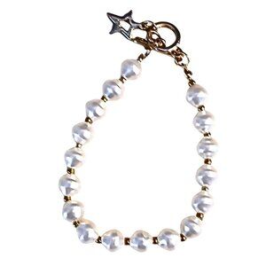 VTG Y2K Gold Tone Freshwater Pearl Rhinestone Bracelet Women Star Charm Toggle